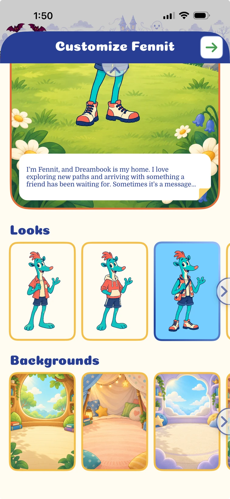 Characters who grow with them: Dreambook’s iPhone screen