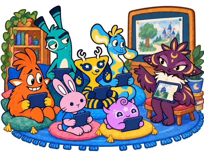 Jennifer leads a classroom story lesson while six Dreambook friends follow along, each with an iPad.