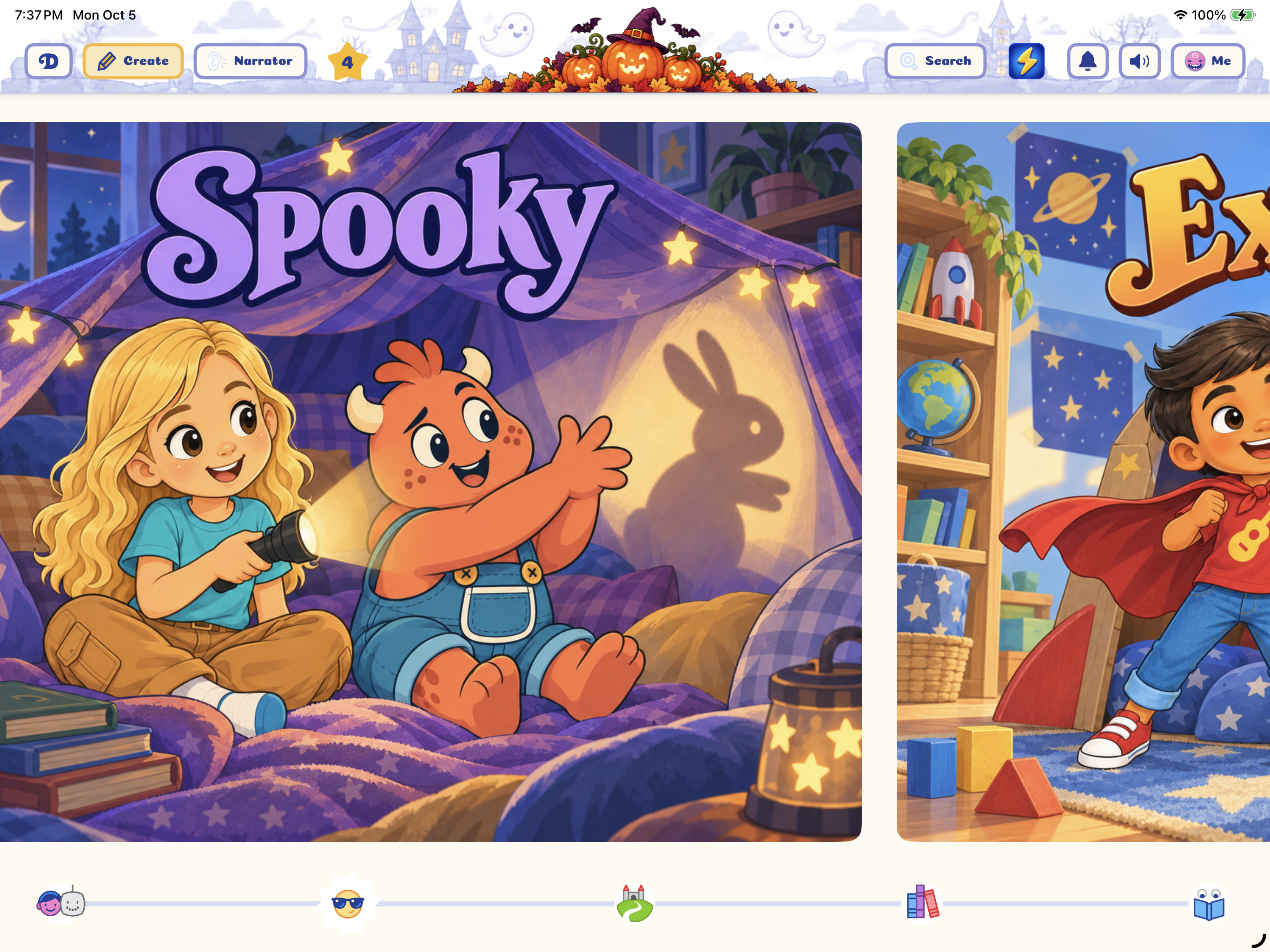 Dreambook’s iPad story tone screen, with Spooky and adventure mood choices.