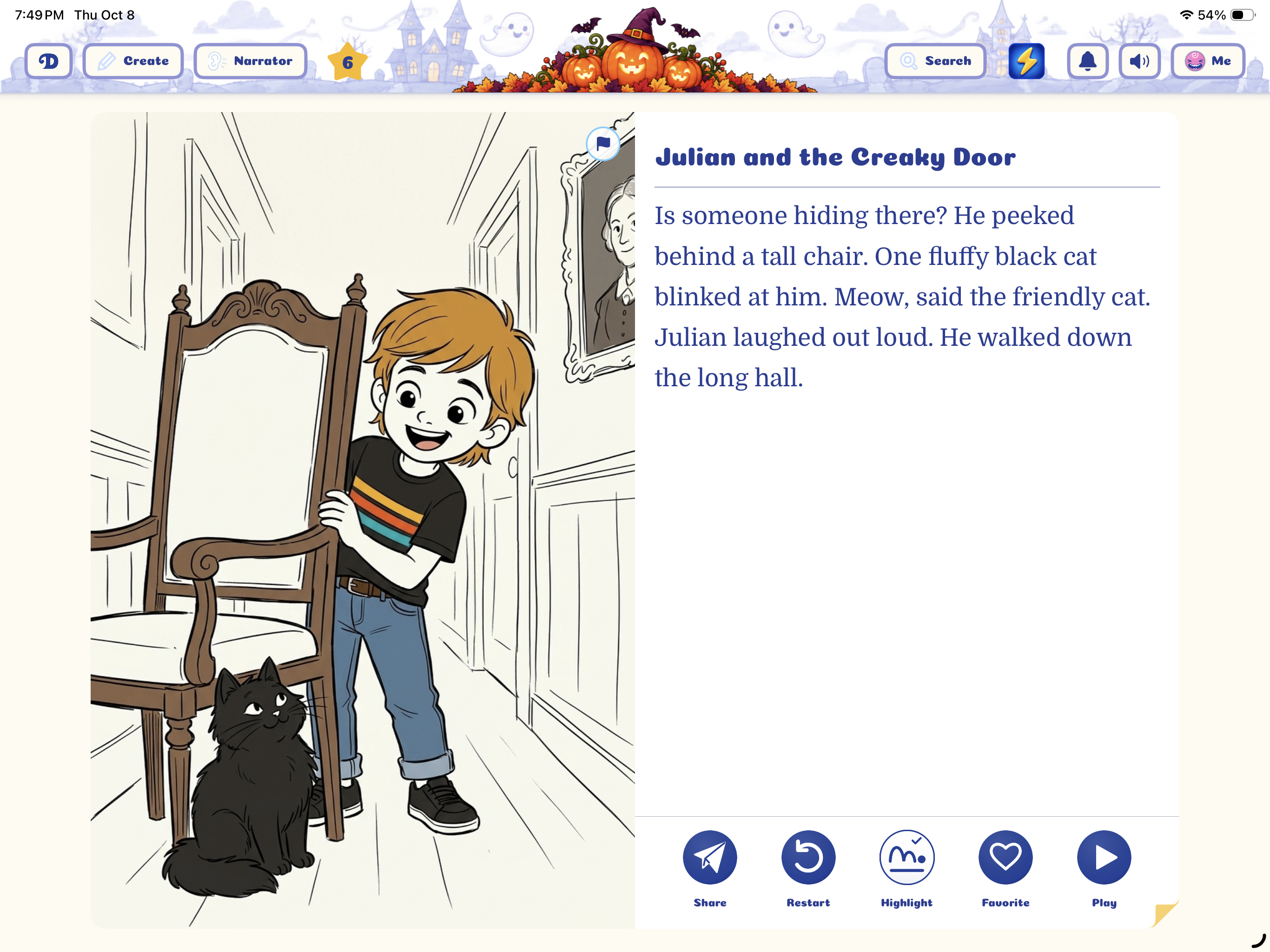 Julian and the Creaky Door in the iPad reader, with large story text and the Highlight control below it.