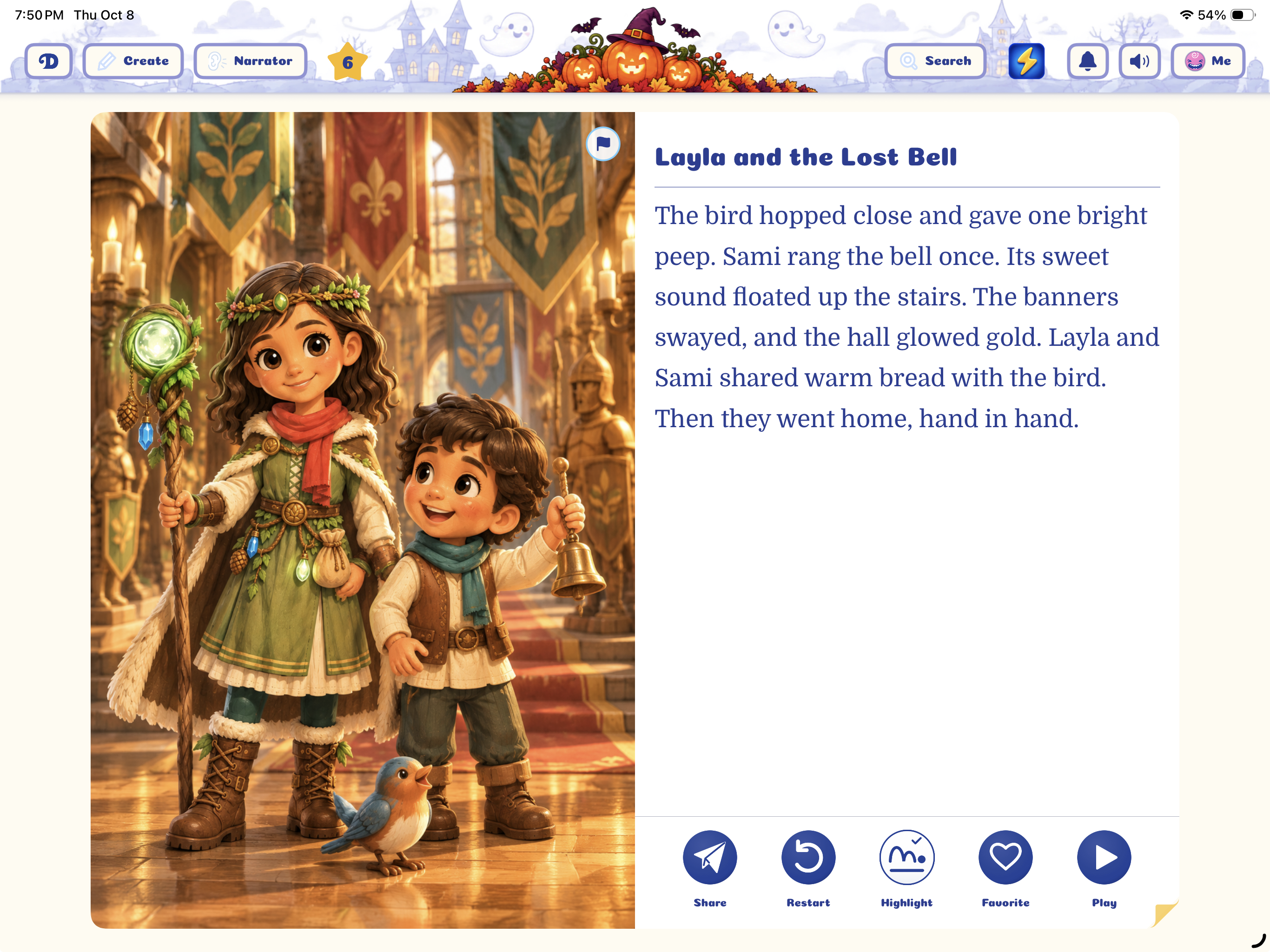 Layla and the Lost Bell in the Dreambook iPad reader, with pictures, text and narration controls.