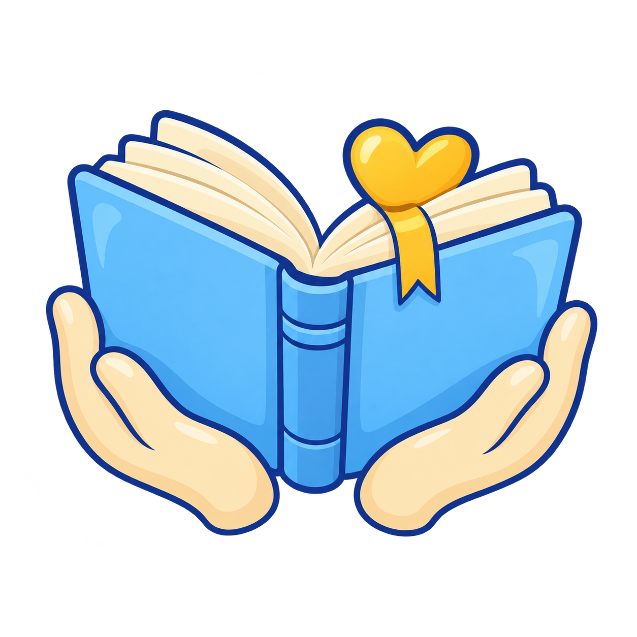 An open storybook held gently in two hands, with a heart bookmark.