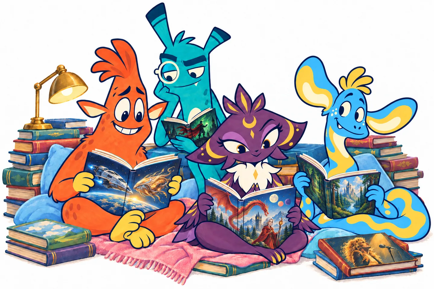 Four friendly orange, teal, purple and blue monsters share a cozy reading nook, surrounded by beautifully illustrated books.