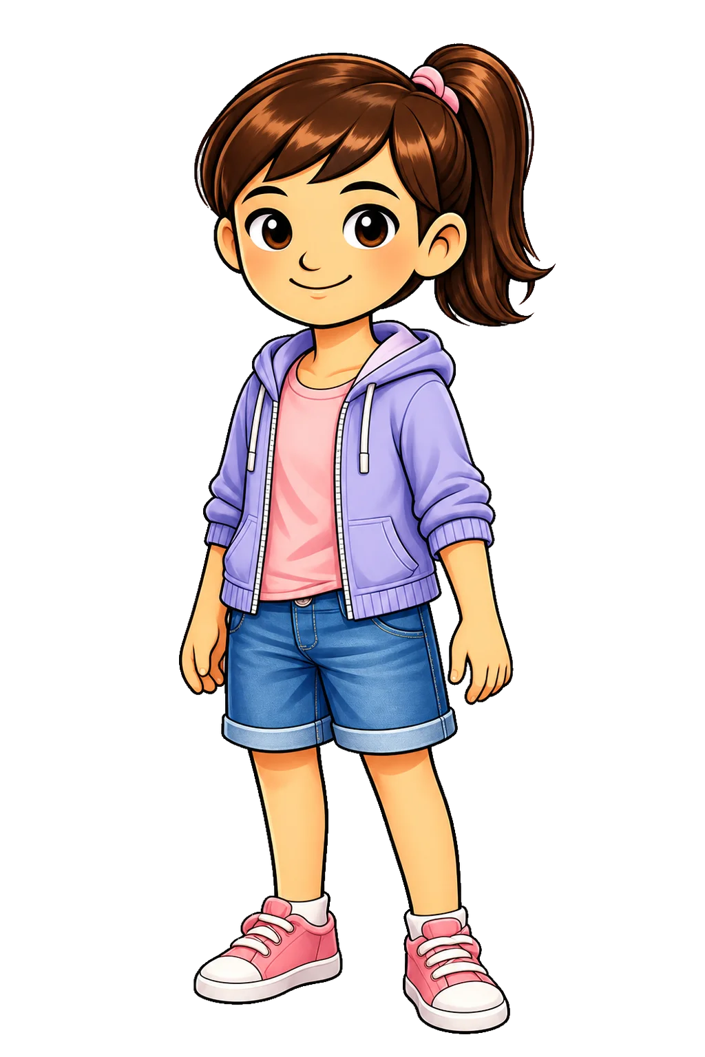 Saya from DreamBook, wearing her lavender jacket and pink sneakers.